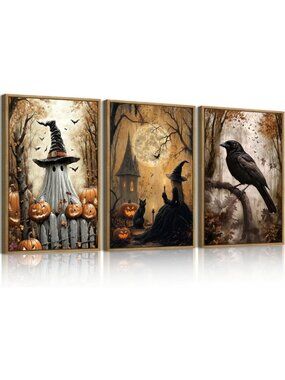Large Vintage Halloween Wall Art Set - Spooky Ghost, Witch & Black Cat Decor